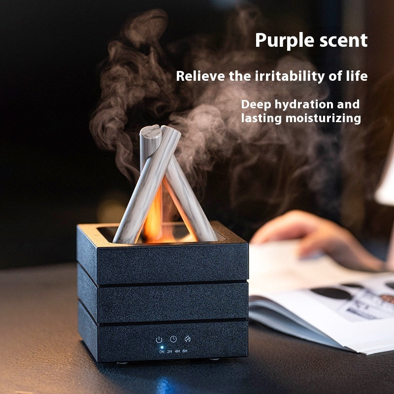 A diffuser emitting steam with text about purple scent benefits on a blurred background.