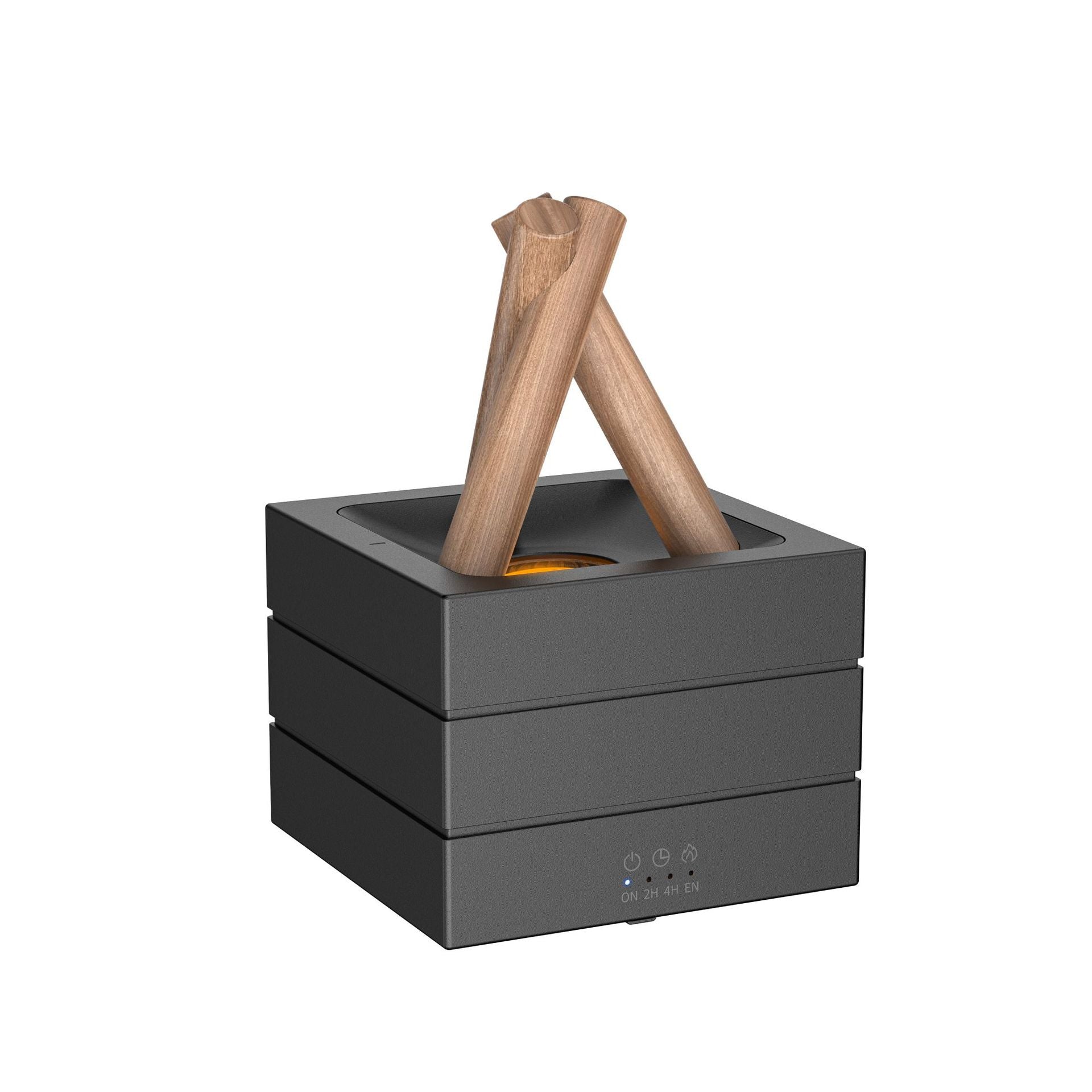 Black fire pit with wooden logs on a white background