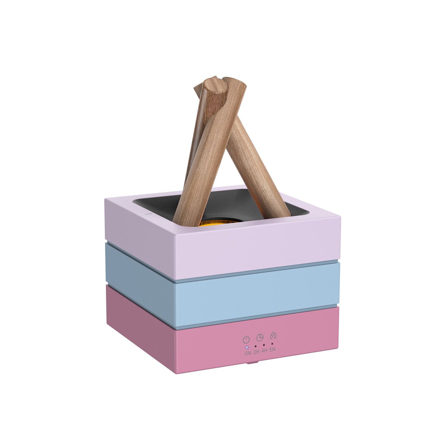 Colorful toy fireplace with wooden sticks on a white background