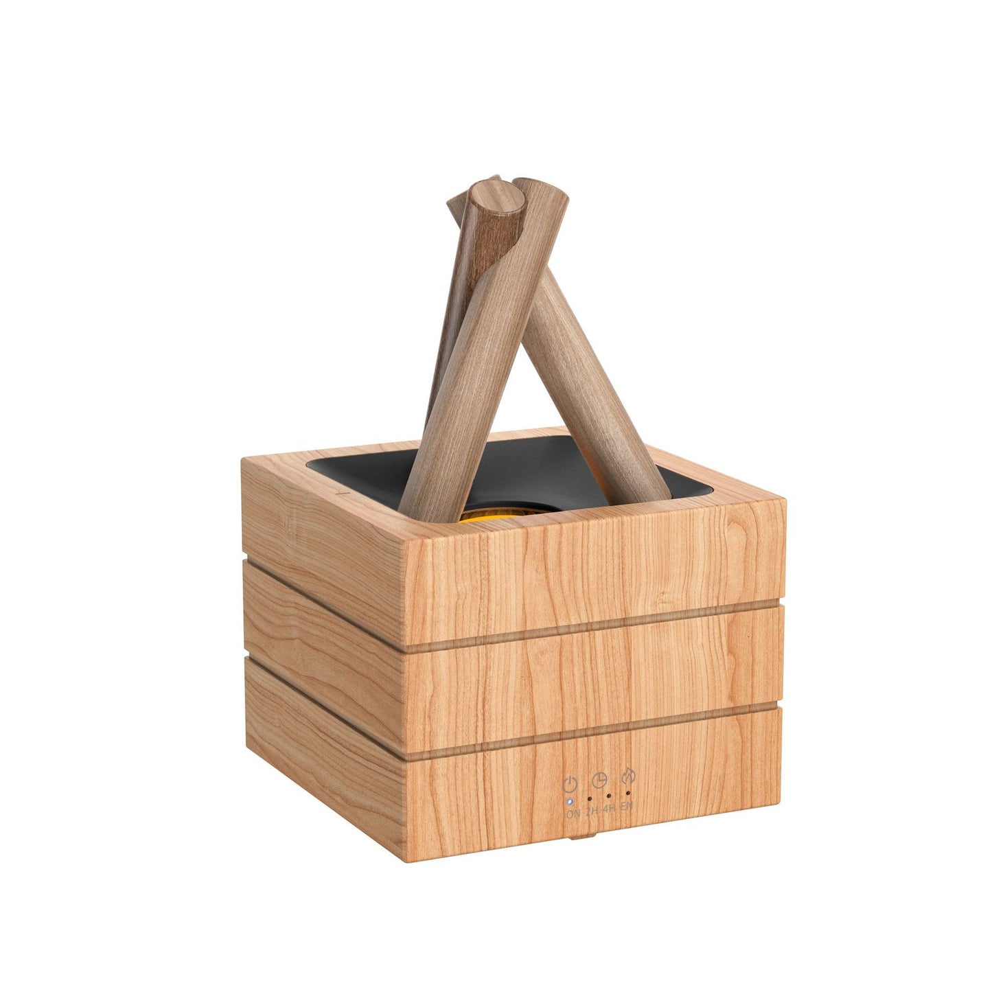 Wooden utensil holder with two wooden spoons on a white background