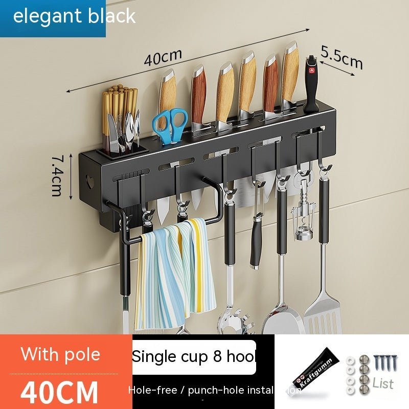Wall-mounted kitchen utensil holder with measurements and product details.