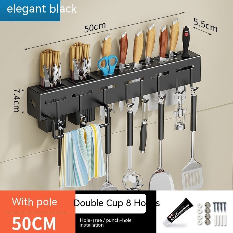 Wall-mounted kitchen utensil holder with measurements and product details.