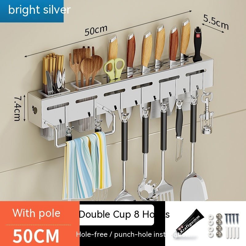 Wall-mounted kitchen utensil holder with measurements and product details.