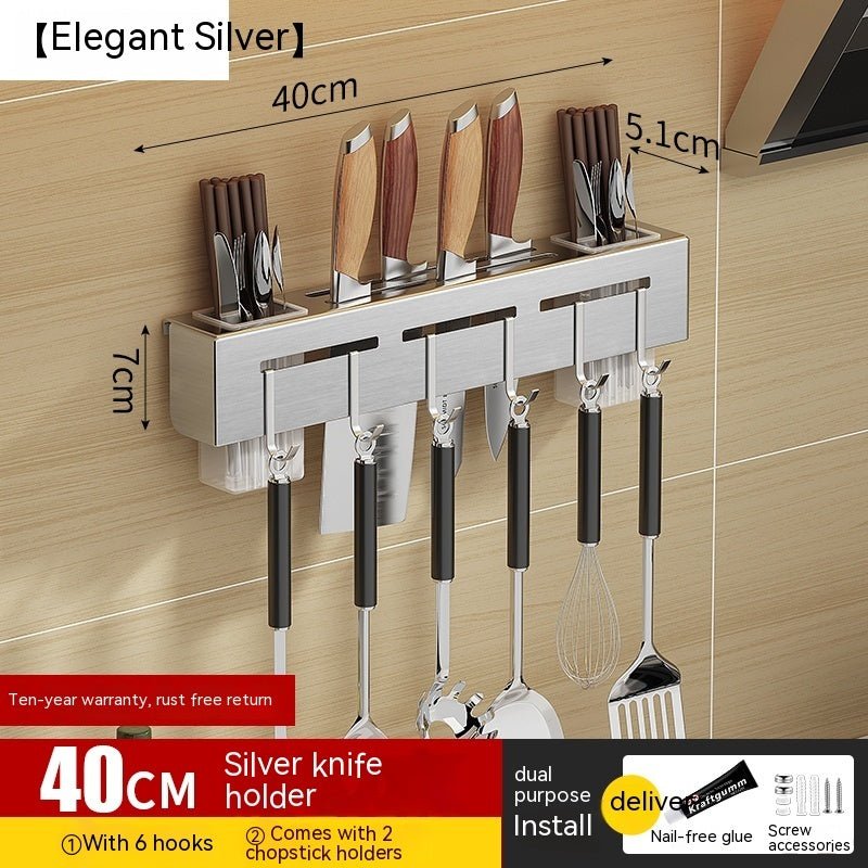 Wall-mounted knife and utensil holder with measurements on a wooden background