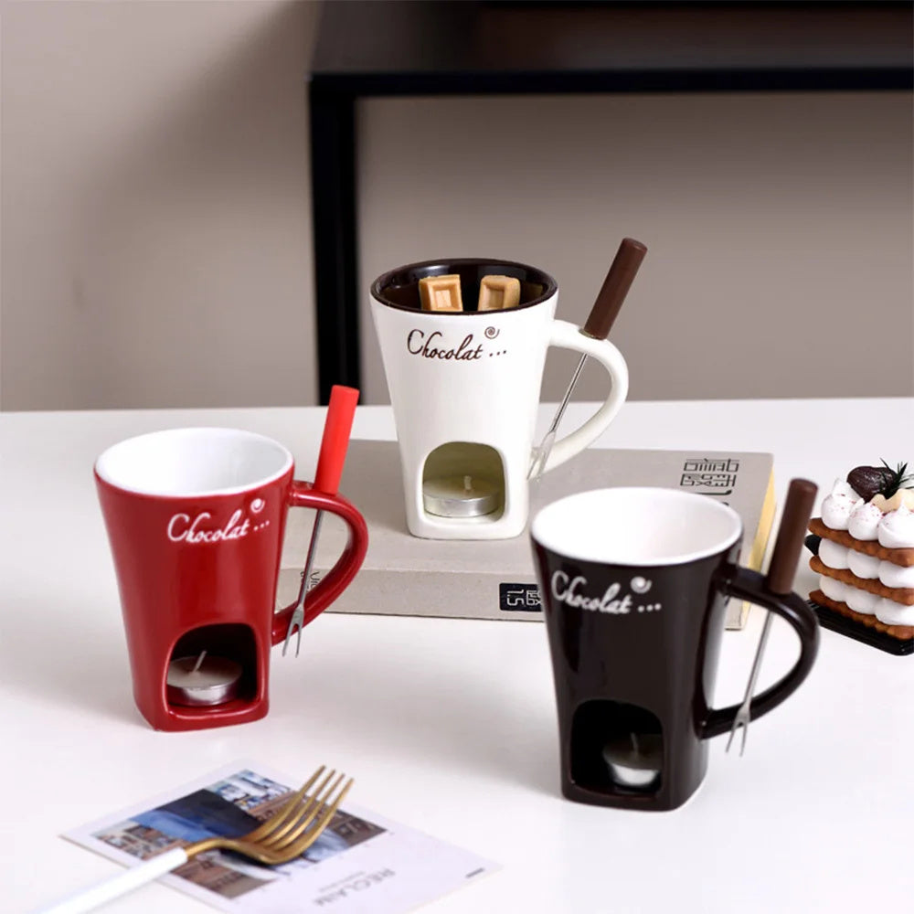 Three mugs with chocolate holders on a table with a cake and newspaper.