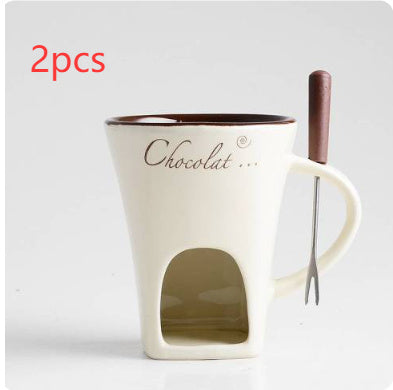 White mug with chocolate-themed design and a brown handle on a white background