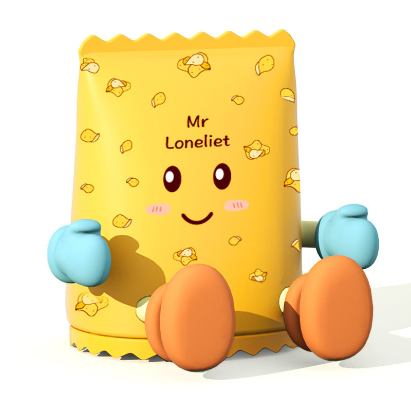Yellow plush toy with a smiling face and blue hands and feet on a white background