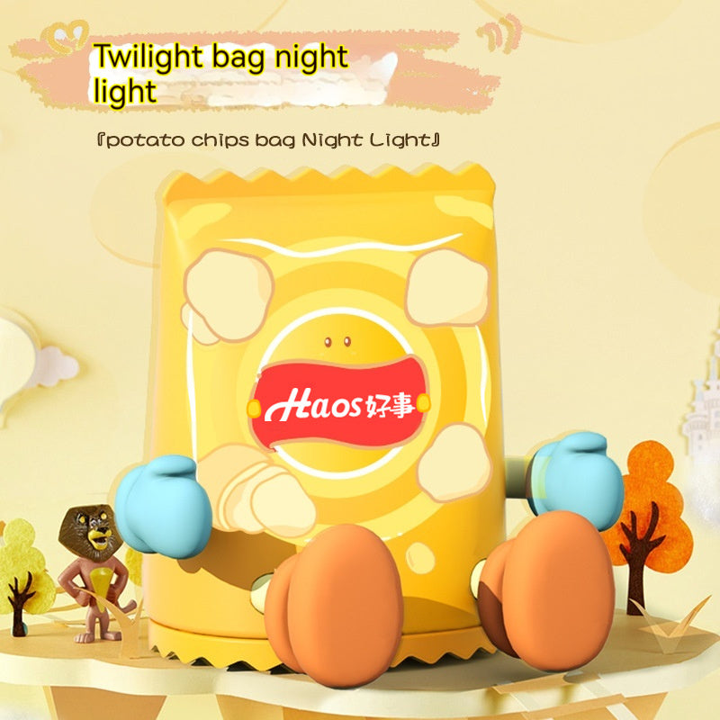 Yellow potato chips bag night light with cartoon characters on a yellow background