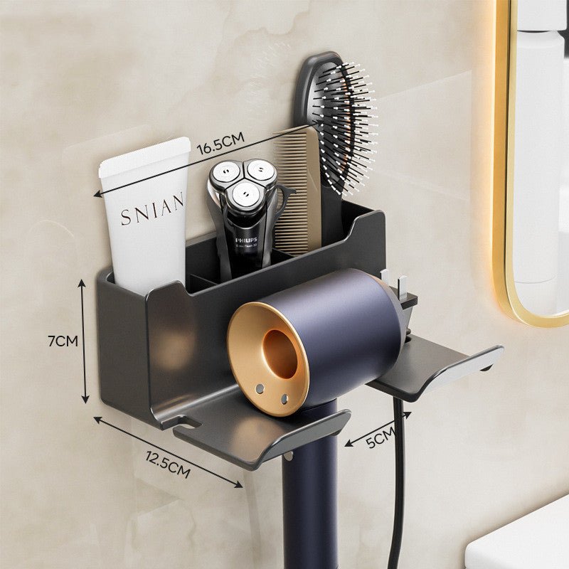 Wall-mounted hair care organizer with dimensions labeled, featuring a hair dryer, shaver, and comb.