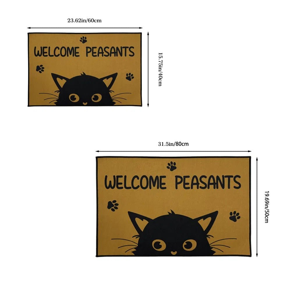 Doormat with black cat design and 'Welcome Peasants' text, shown with measurements.