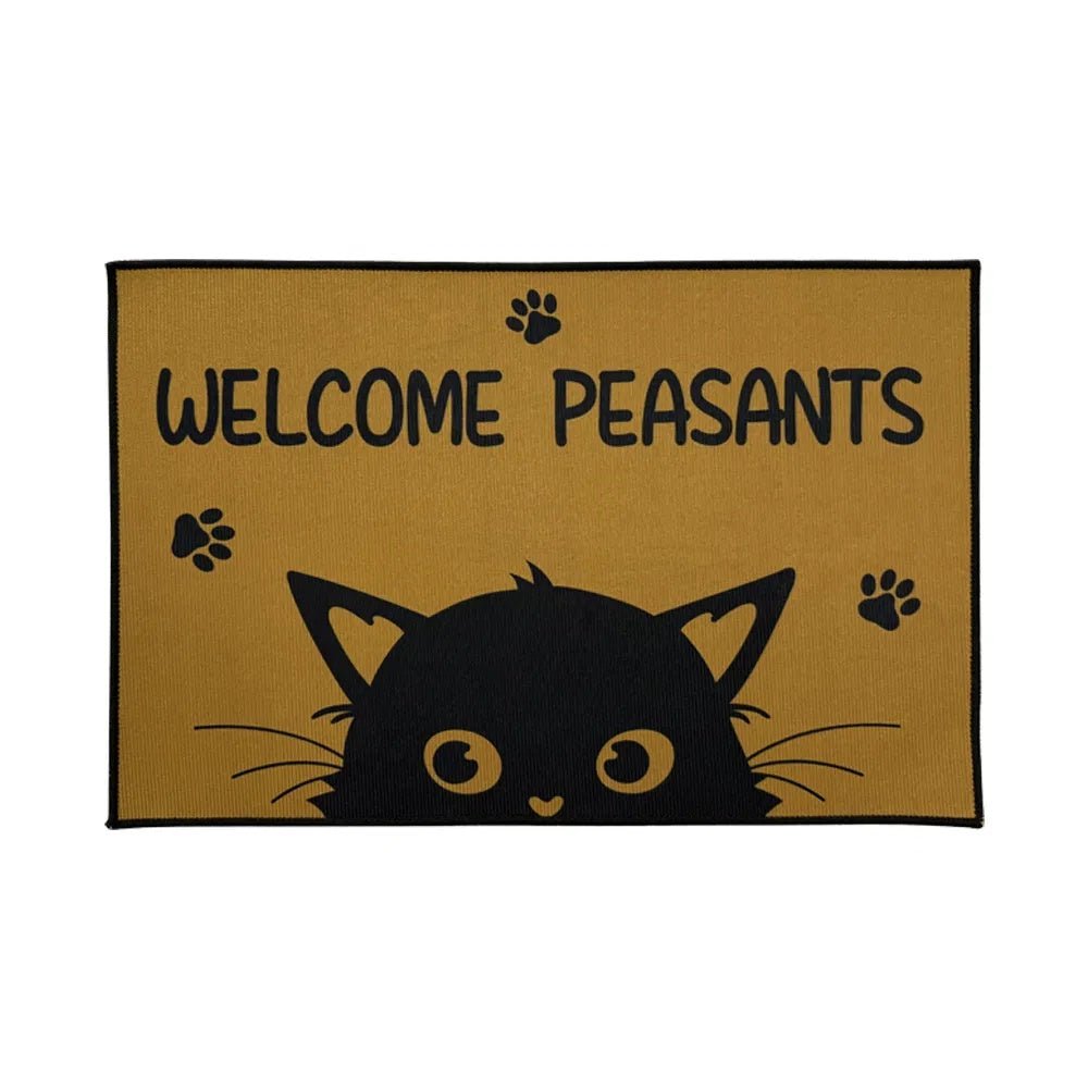 Doormat with black cat design and 'Welcome Peasants' text on a beige background