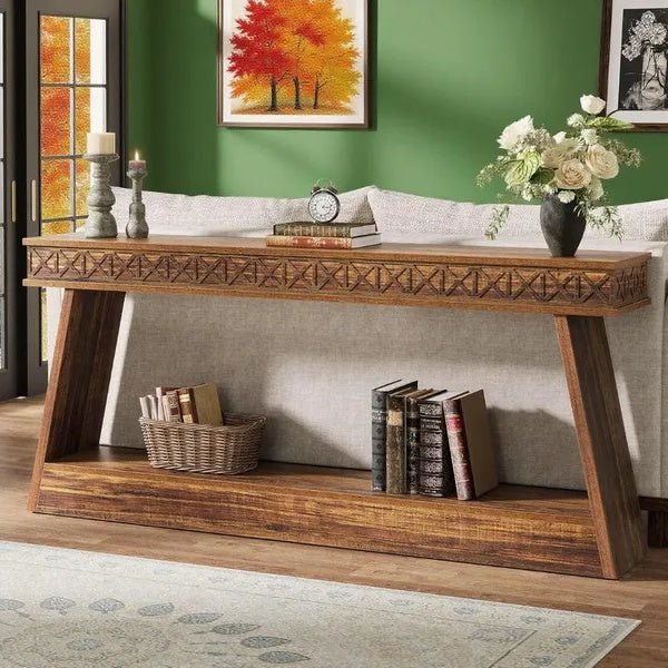Rustic 71" Carved Wood Console Table - Entryway Storage Shelf, Ornate Design - DonoHome
