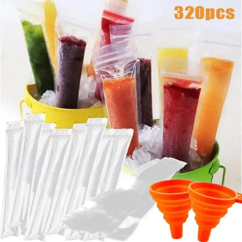 320 Pcs Ice Popsicle Mold Bags with Orange Funnels - BPA Free Freezer Tubes for Parties - DonoHome
