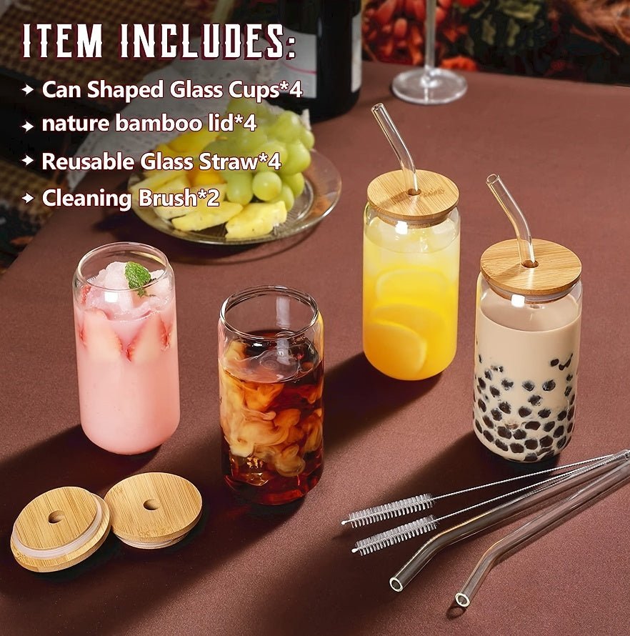 Glass Cup Set with Bamboo Lids & Straws – Clear Drinking Glasses for Coffee, Tea, Juice, Beer