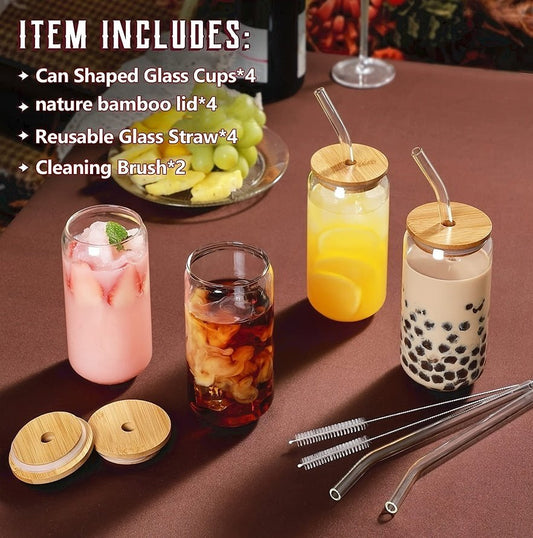 Glass Cup Set with Bamboo Lids & Straws – Clear Drinking Glasses for Coffee, Tea, Juice, Beer