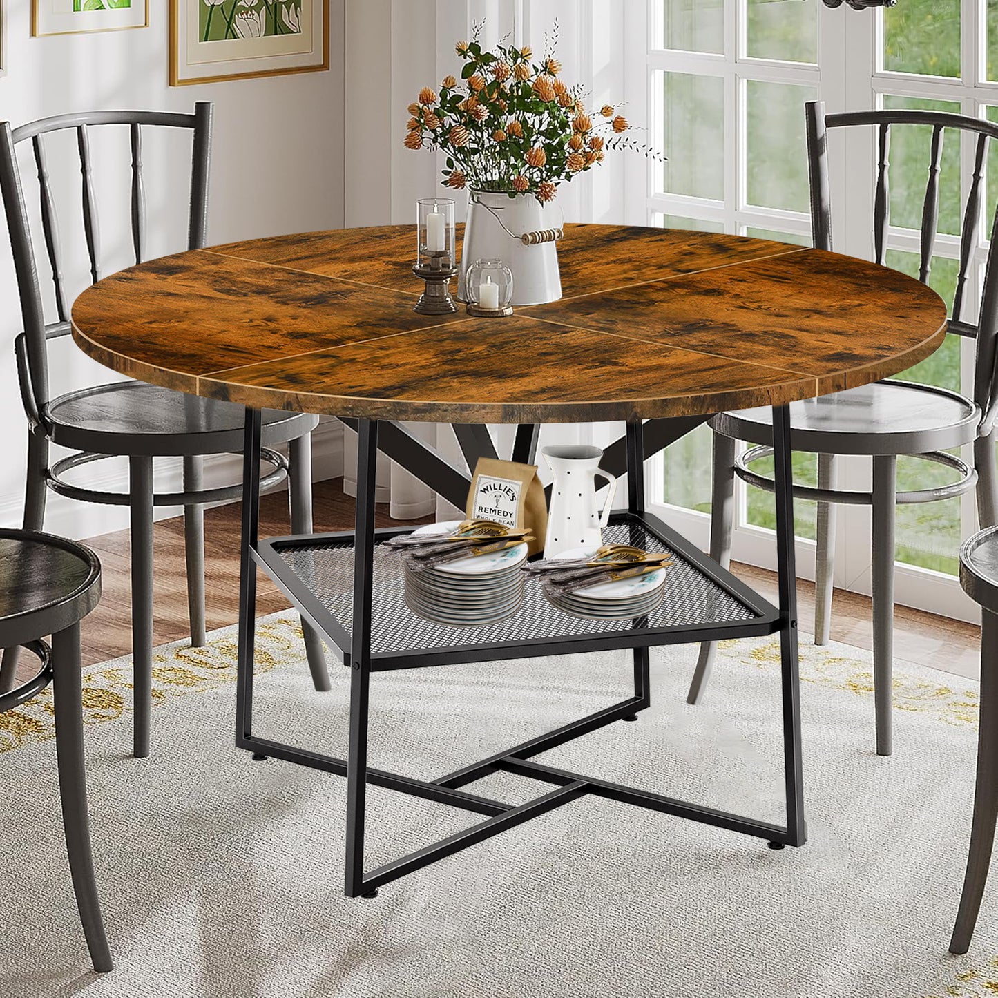 51 Inch Round Dining Table For 4-6, Rustic Wood Top With Storage Shelf And Black Metal Legs, Space Saving Circle Dinner Table For Kitchen Or Dining Room