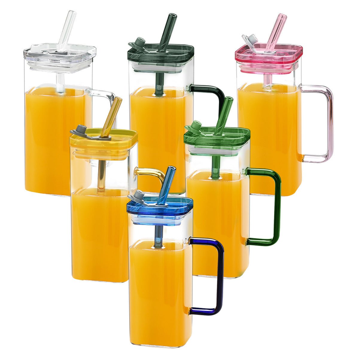 6 Pcs Square Glass Cup Set with Lids and Straws, High Borosilicate Glass