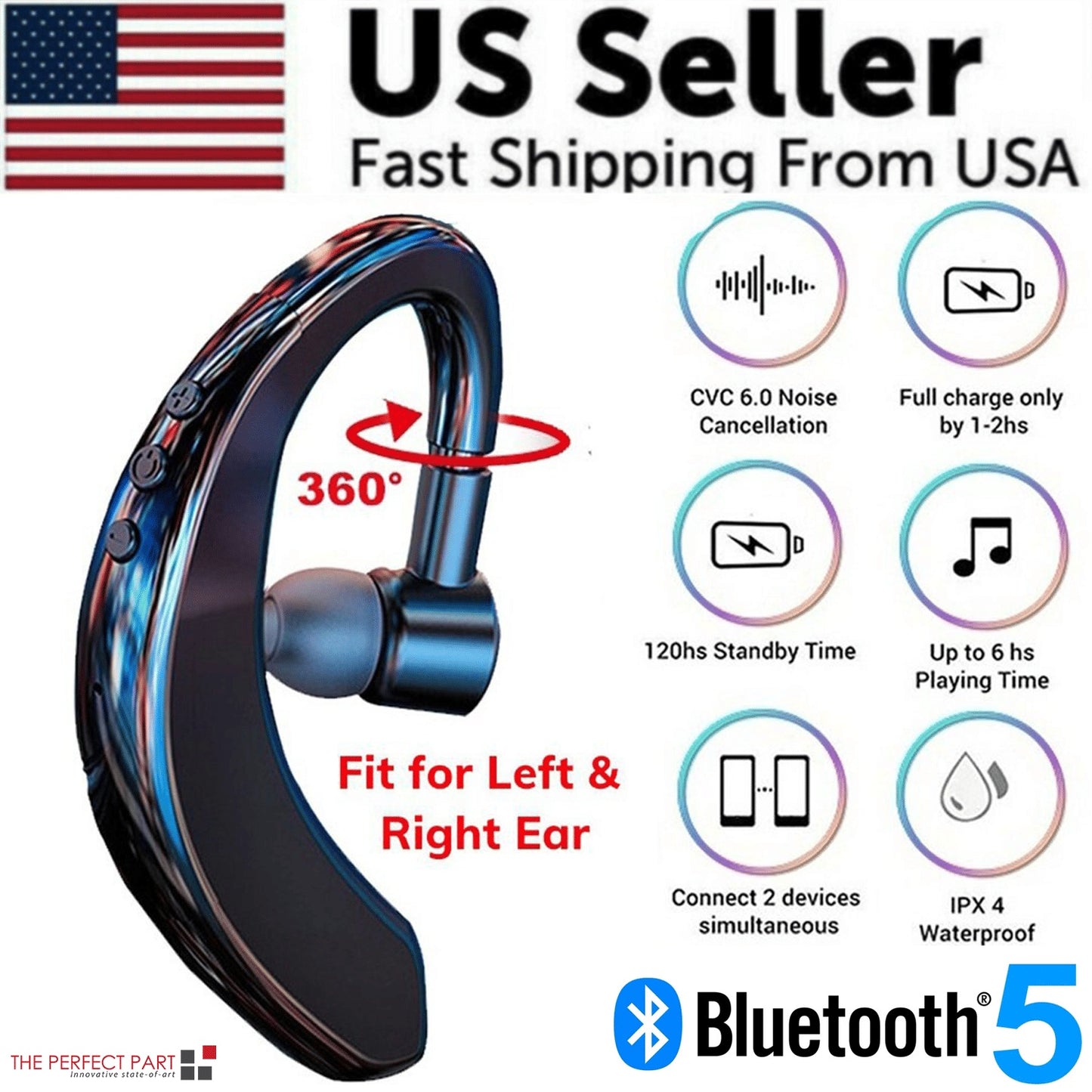 Wireless Bluetooth 5.0 Earpiece Headset with Noise Cancelling Mic for Driving & Truckers
