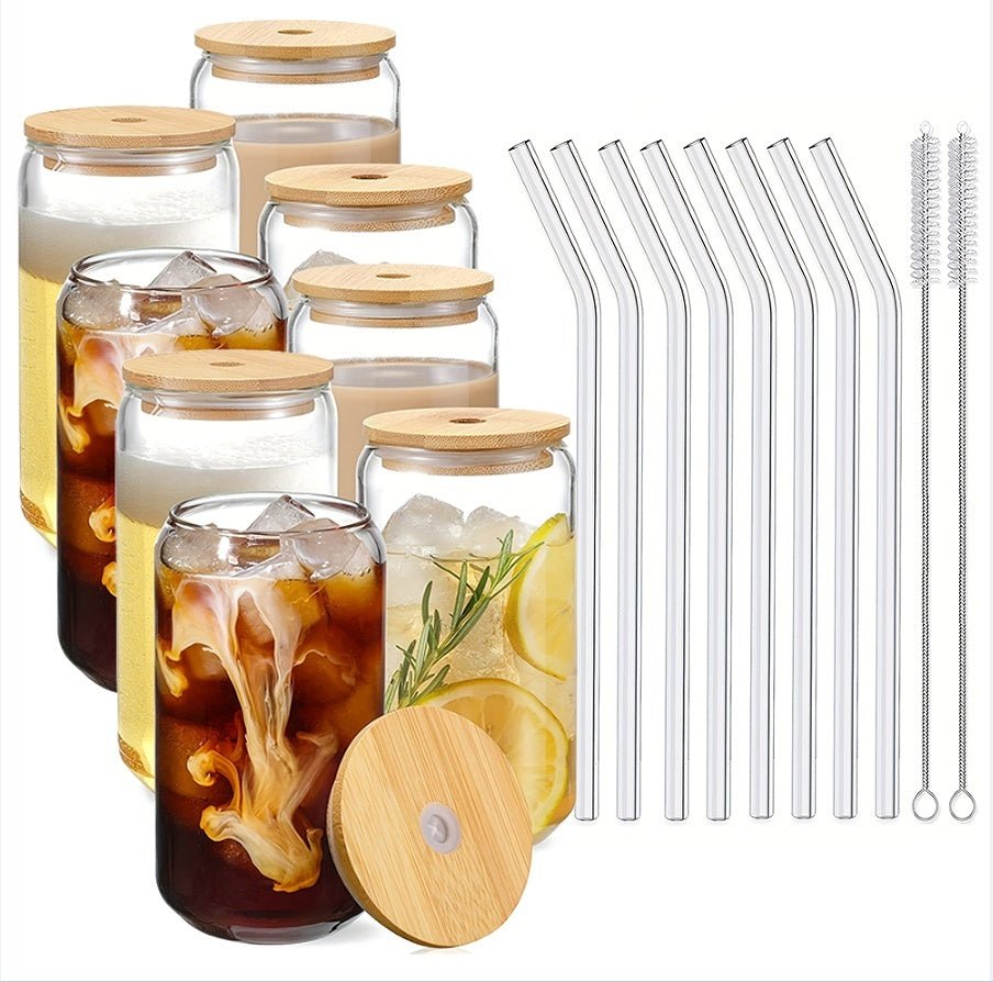 Glass Cup Set with Bamboo Lids & Straws – Clear Drinking Glasses for Coffee, Tea, Juice, Beer