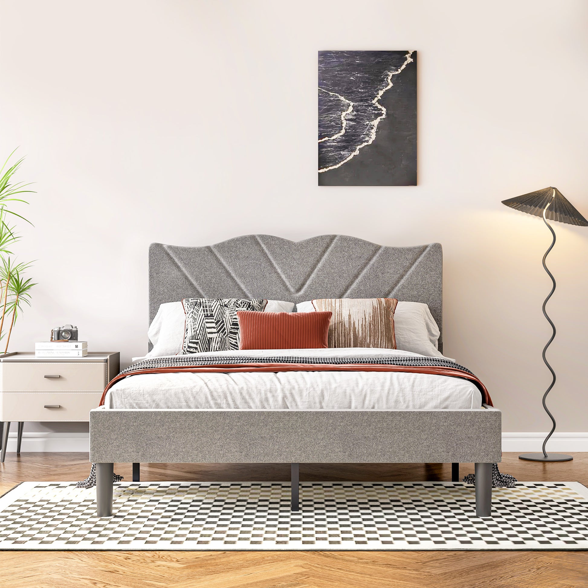 Grey Upholstered Platform Bed - Easy Assembly, No Box Spring Required - DonoHome