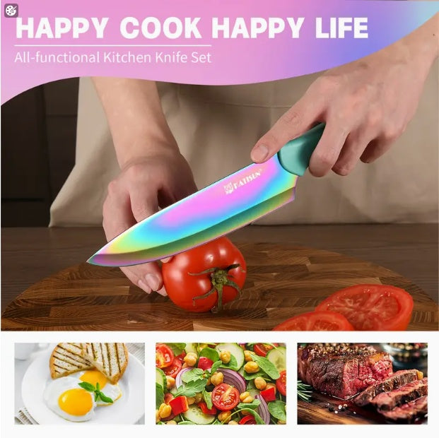 14-Piece Rainbow Titanium Kitchen Knife Set w/ Wooden Block & Shears (High-Carbon Stainless Steel)