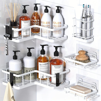 5-in-1 Corner Shower Caddy Set – Rustproof Punch-Free Bathroom Storage Rack with Soap Holder & Hooks