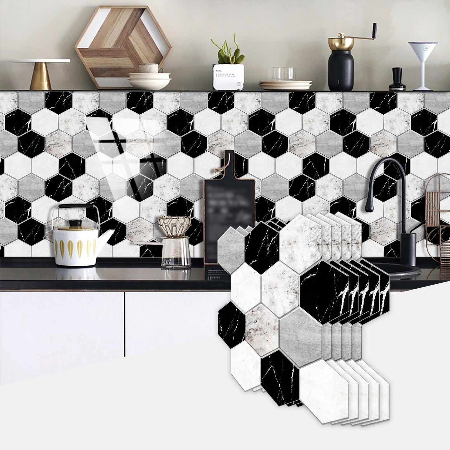 Black & White Marble Hexagonal Peel & Stick Wall Tiles – Waterproof Glossy PVC Backsplash for Kitchen & Bathroom