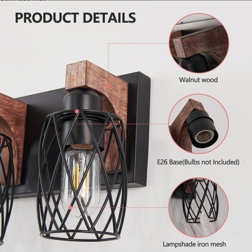 Industrial Vintage 3-Light Wall Sconce with Black Cage Design & Wooden Accents for Bathroom, Hallway or Living Room (Bulb Not Included)