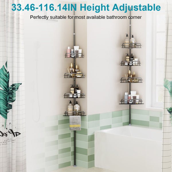 Corner Shower Caddy Tension Pole – 4-Tier Adjustable Rust-Free Bathroom Organizer Shelf