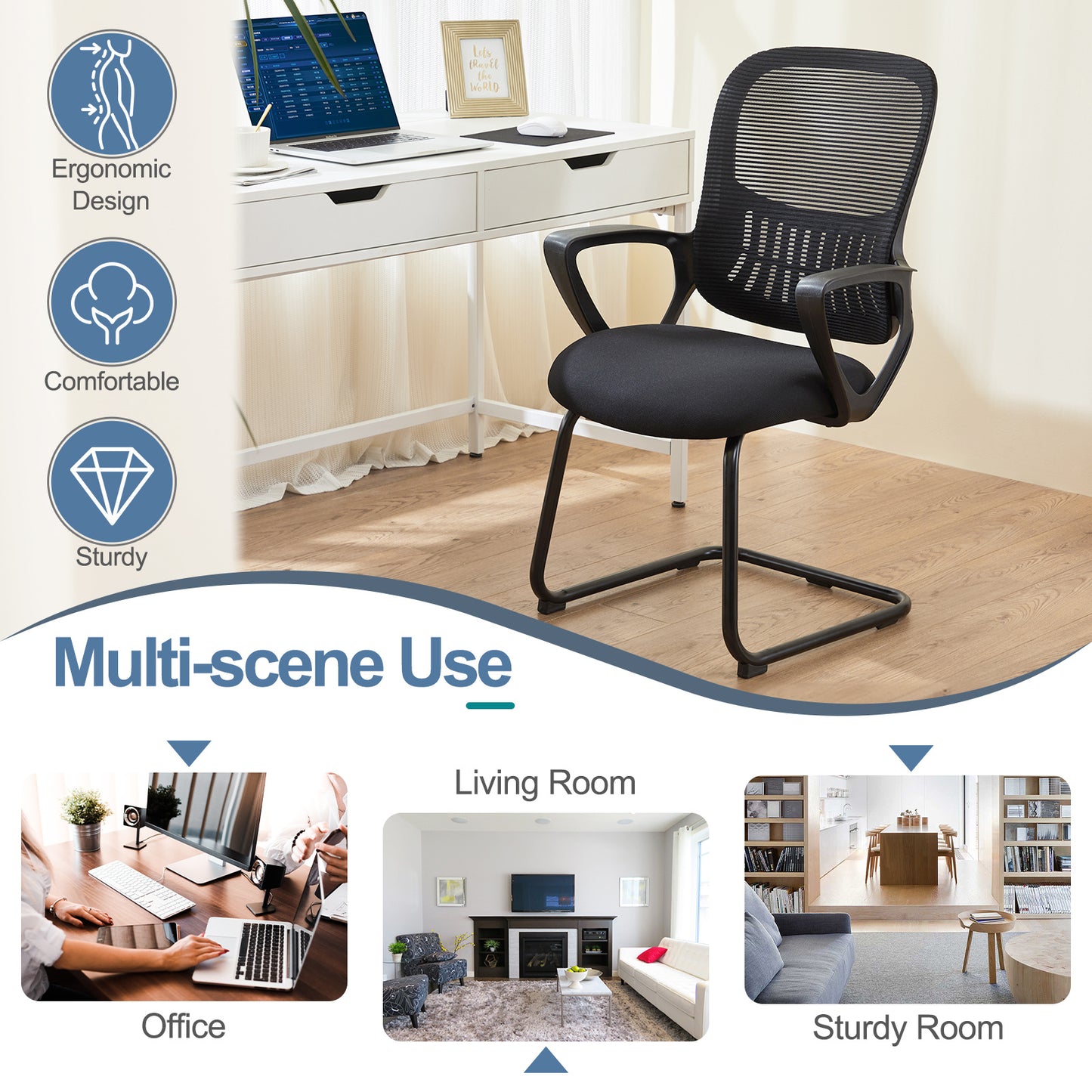 Office Guest Chair, Mesh Back Sled-Base with Arms (No Wheels, 275 lb)