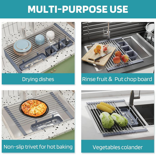 Expandable Roll Up Dish Drying Rack With 2 Removable Baskets Multipurpose Kitchen Drainer Caddy Organizer Storage Shelf Holder Stainless Steel Over The Sink Dish Drainer Space-Saving