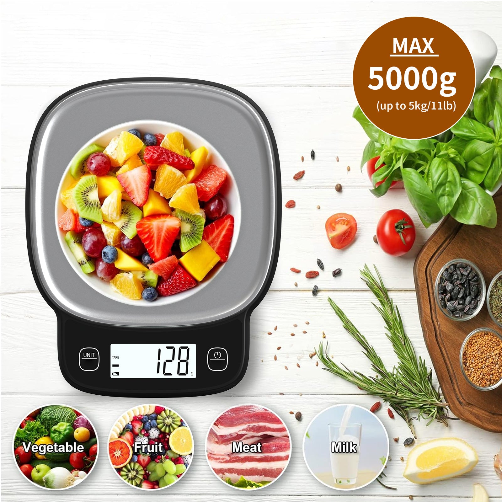 Digital Kitchen Scale - High Precision 0.1g, 5kg Capacity, Stainless Steel, LCD Display - DonoHome
