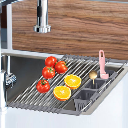 Expandable Roll Up Dish Drying Rack With 2 Removable Baskets Multipurpose Kitchen Drainer Caddy Organizer Storage Shelf Holder Stainless Steel Over The Sink Dish Drainer Space-Saving