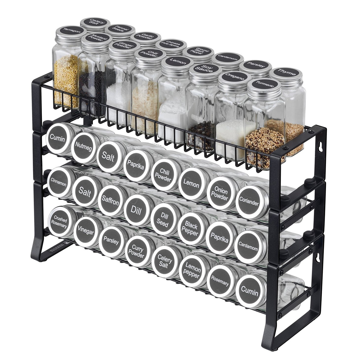 Spice Rack Organizer with Glass Jars, 2-Tier Countertop & Cabinet Seasoning Holder – Black - DonoHome