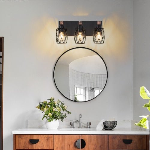 Industrial Vintage 3-Light Wall Sconce with Black Cage Design & Wooden Accents for Bathroom, Hallway or Living Room (Bulb Not Included)