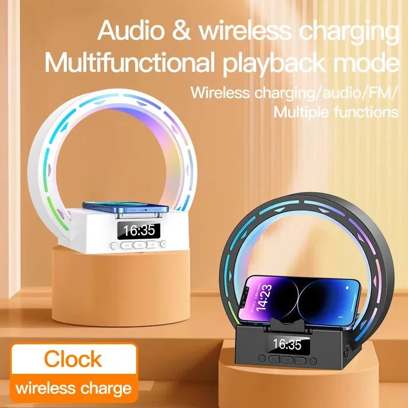 4-in-1 Wireless Charger & Bluetooth Speaker, LED Bedside Lamp with Alarm Clock