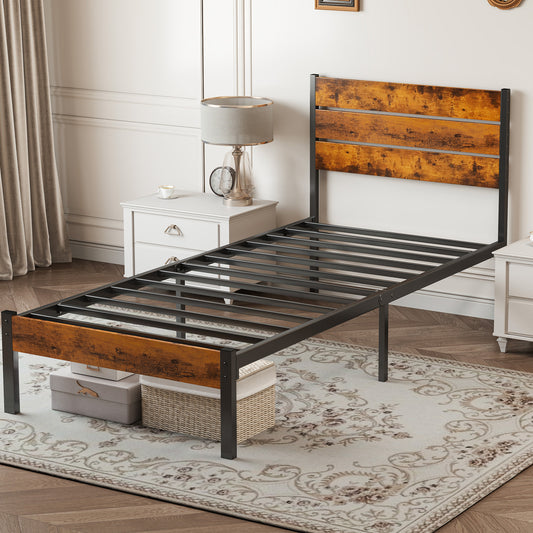 Metal Platform Bed Frame with Rustic Wood Headboard & Footboard (No Box Spring Needed) – Twin/Full/Queen