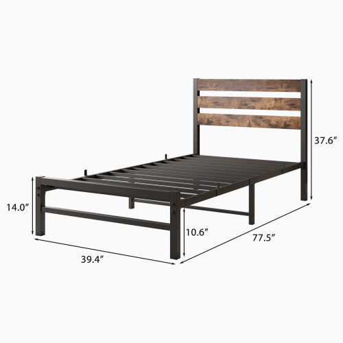 Twin Platform Bed Frame w/ Rustic Wood Headboard & Metal Slats (No Box Spring Needed, Rustic Brown)