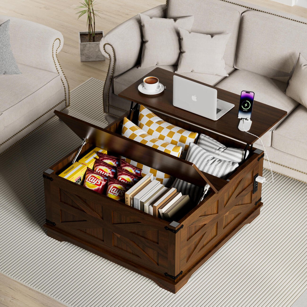 Farmhouse Coffee Table With Lift-Top, USB Charging Station And Hidden Storage, Sturdy Wooden Base Living Room Center Table For Organization And Versatile Use