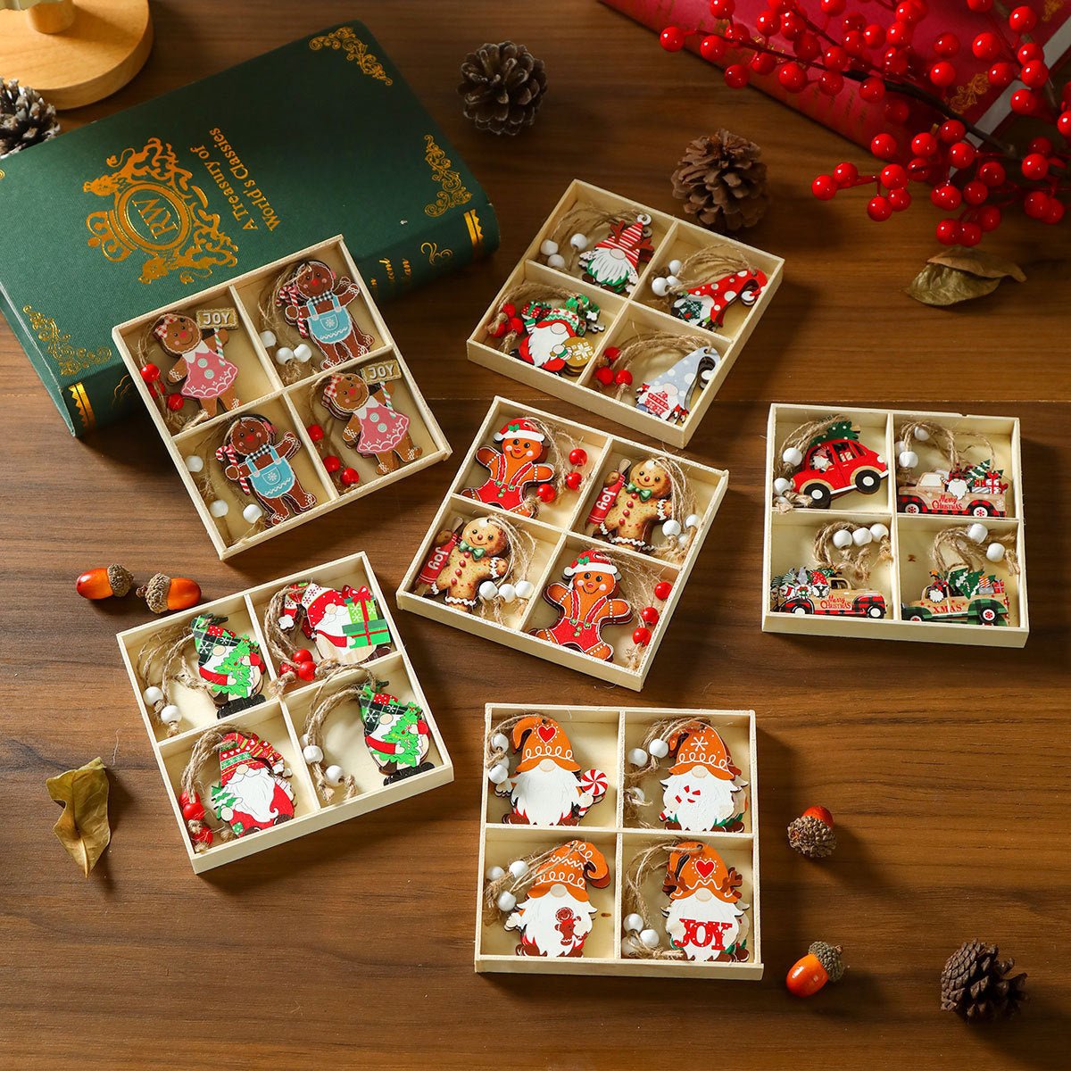 12 Pcs Wooden Christmas Ornament Set, Tree Pendants in a Gift Box