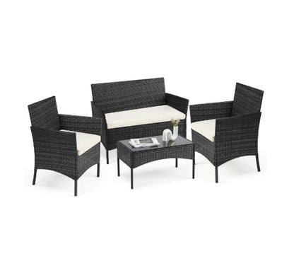 Wicker Rattan Patio Conversation Set with Glass Table – 3-Piece / 4-Piece (Outdoor Chairs + Table)