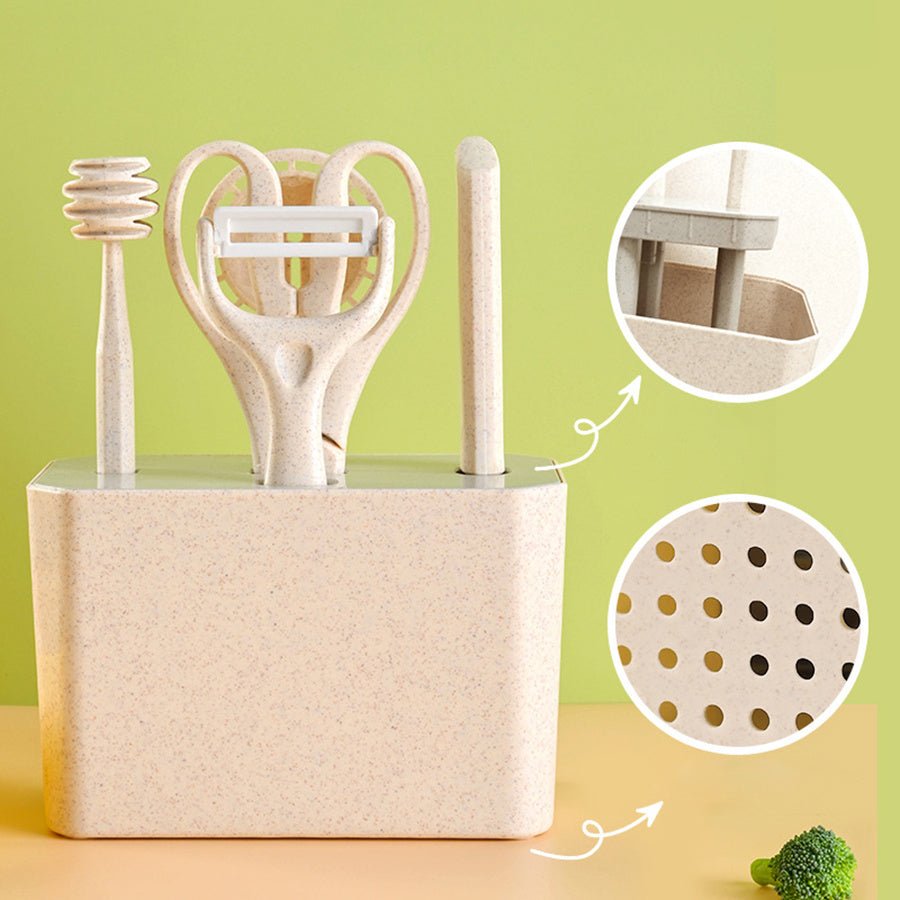 7pcs Multifunctional Wheat Straw Cooking Set with Storage Seat & Melon Planer - DonoHome