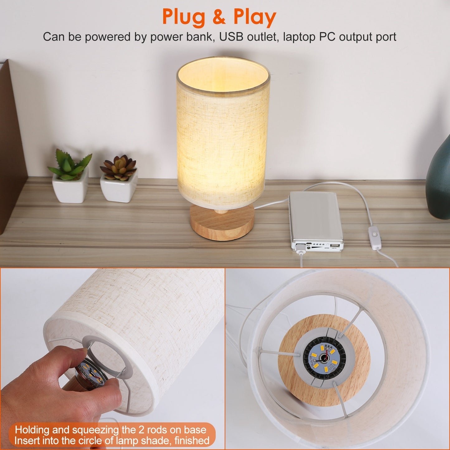 Warm White Bedside Lamp – Modern Bedroom Night Light with USB Plug