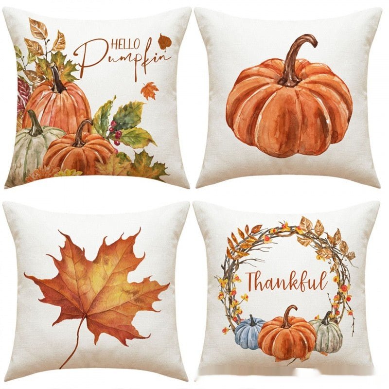 4-Piece Printed Linen Throw Pillowcase Set, Autumn Pumpkin Decor