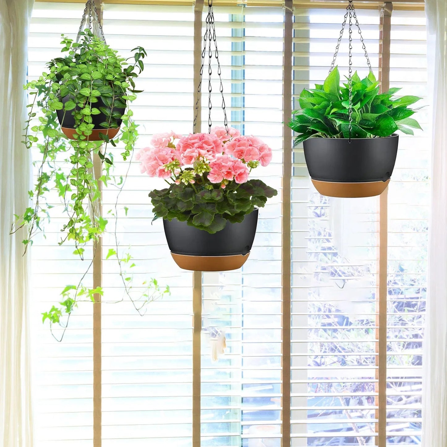 4Pcs Hanging Planter with Drainage & Self-Watering Tray – 9.6" Plastic Flower Pots for Indoor & Outdoor Plants