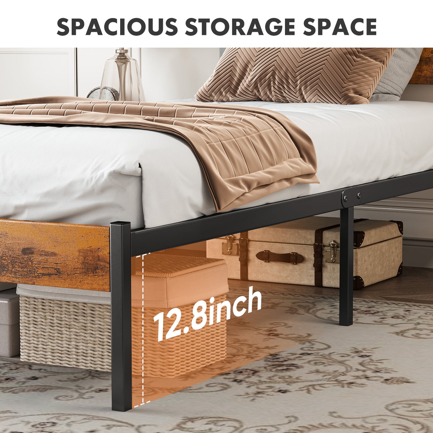 Metal Platform Bed Frame with Rustic Wood Headboard & Footboard (No Box Spring Needed) – Twin/Full/Queen