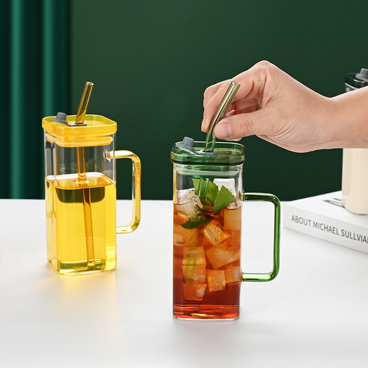 6 Pcs Square Glass Cup Set with Lids and Straws, High Borosilicate Glass