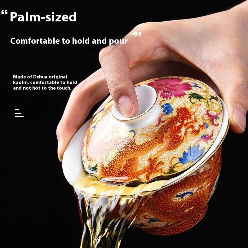 Luxury Enamel Porcelain Gaiwan Tea Cup with Lid & Saucer – Handcrafted Oriental Design - DonoHome