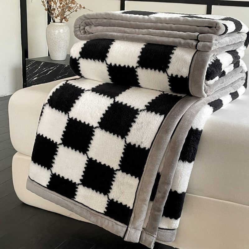 Cozy Shu Velvet Blanket with Chessboard Plaid, Soft Plush All-Season Throw