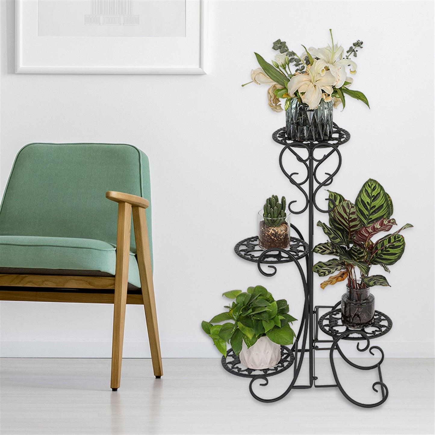 Metal Plant Stand with 4 Round Flower Pot Holders – Black Iron Garden Display Rack